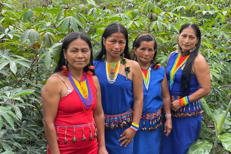 Algunas de las sabias shuar de Nayum Entsa hacen un recorrido por el aja demostrativa de la comunidad. Foto: Alexis Serrano Carmona