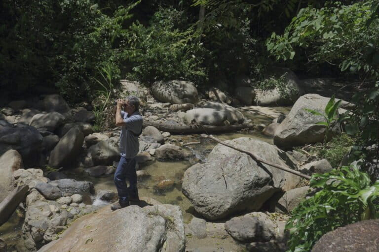 Una poza de agua dentro del santuario de aves registra disminución después de que una hidroeléctrica desviara el caudal del río Babilonia, que proviene de las montañas más altas de la Sierra de Agalta. Foto: María Celeste Maradiaga