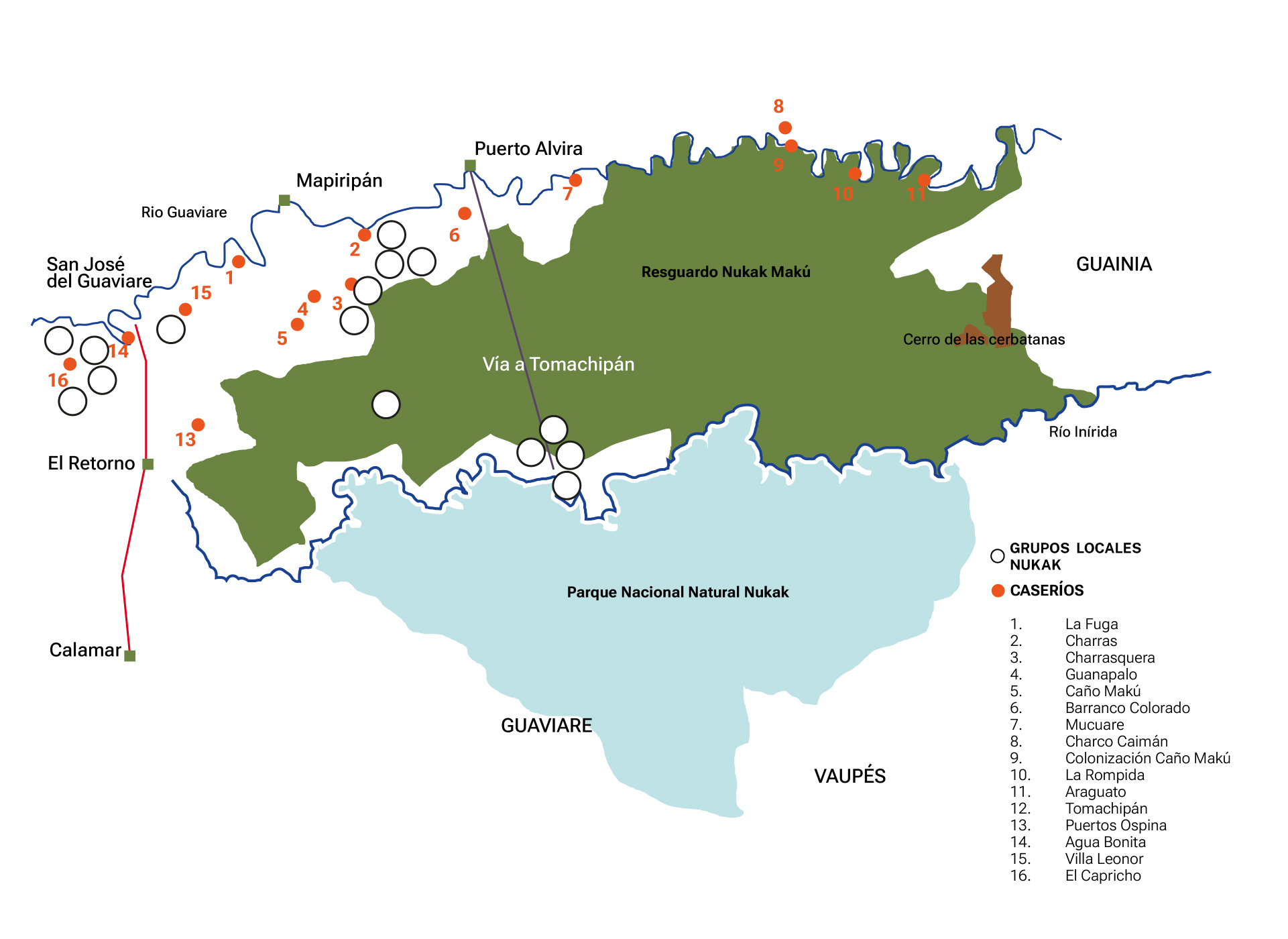 Mapa de la movilización del pueblo nukak. Fuente: tomada del informe Contacto, Desplazamiento forzado y cambios entre los nukak de los autores Danny Mahecha y Carlos Franky