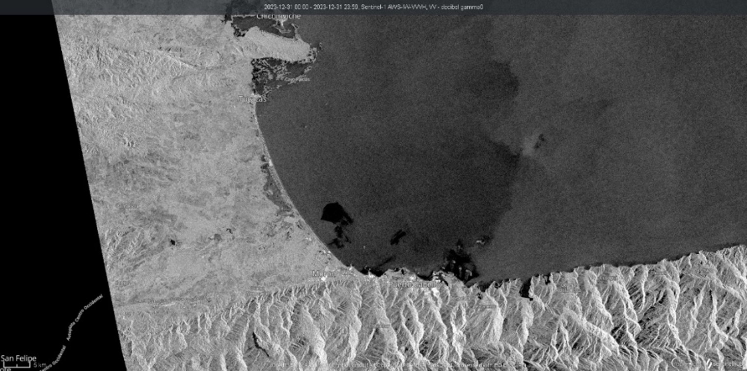 Sentinel-1 (Copernicus/ESA), diciembre de 2023. Derrame de hidrocarburos en el área de la Refinería El Palito, Golfo Triste. Análisis: especialista en teledetección (anonimato solicitado). Foto: cortesía