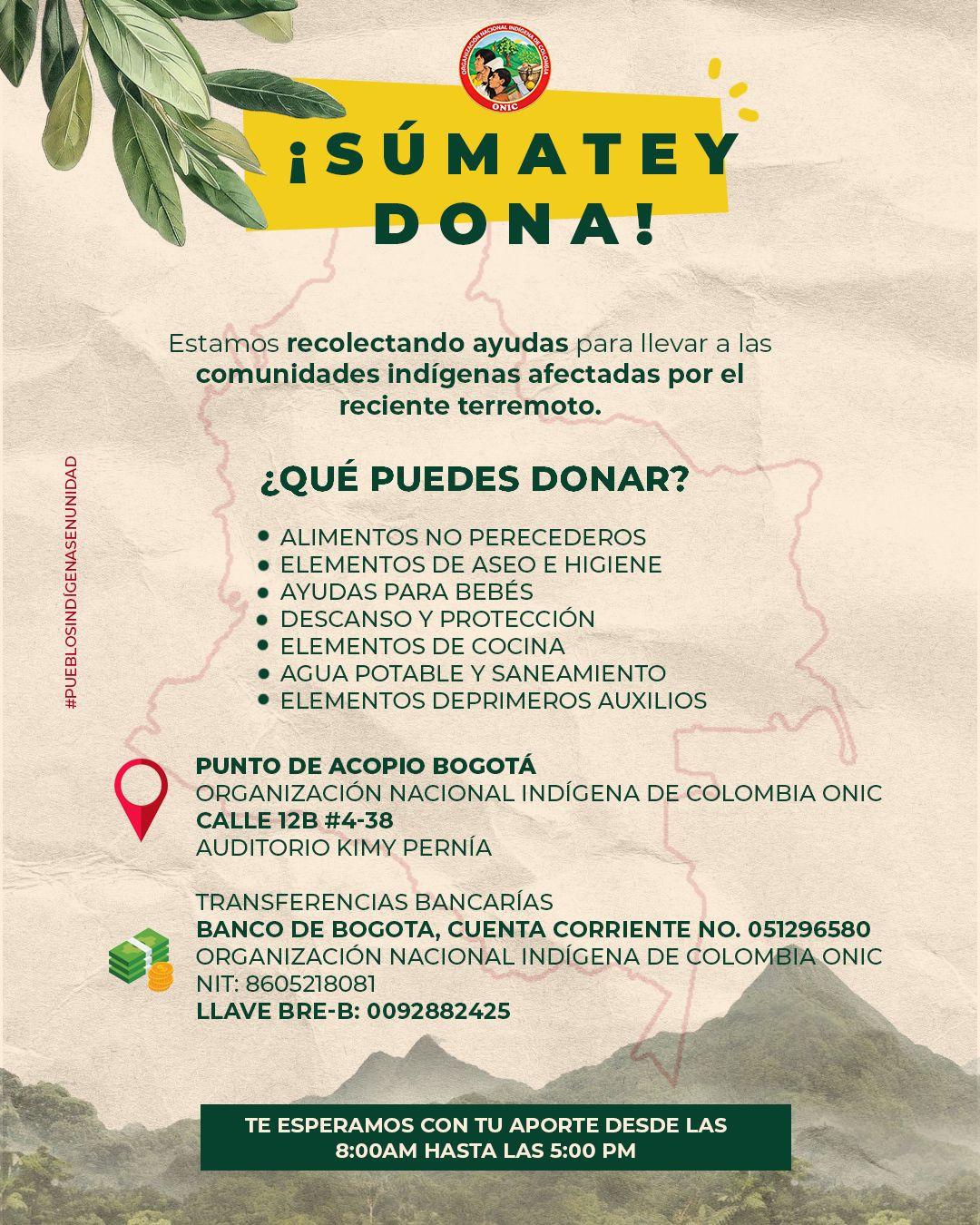 La ONIC activó la campaña ¡Súmate y Dona! · #PueblosIndígenasEnUnidad con la que buscan recaudar fondos para comprar alimentos no perecederos, kits de aseo y materiales de construcción