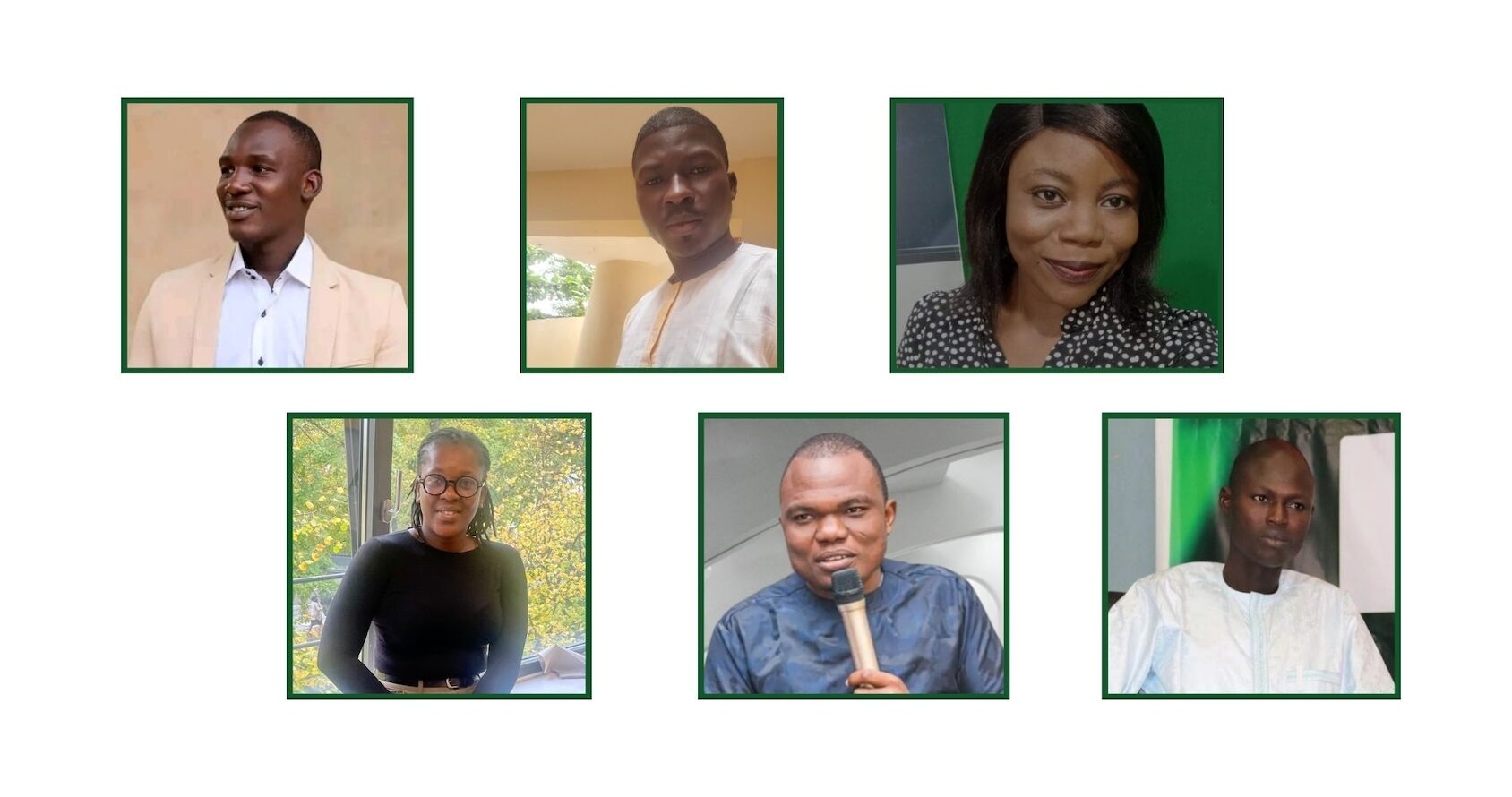 Photos des boursiers de la promotion “Renaissance Verte” du programme de formation en journalisme environnemental de Mongabay Afrique. Sur la première ligne: Albakaye Bollo Cissé, Abel Yerbanga, Carolle Ahodekon. La seconde ligne: Ella Djiguimde, Juste Edgard Midokpè Agbanou, Oumarou Brah Souleymane. Image par Mongabay.