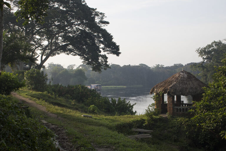 Une vue du fleuve peu après le lever du soleil à Monkoto, siège du Parc national de la Salonga, en République démocratique du Congo. Image de Molly Bergen via Flickr (CC BY-NC-ND 2.0).