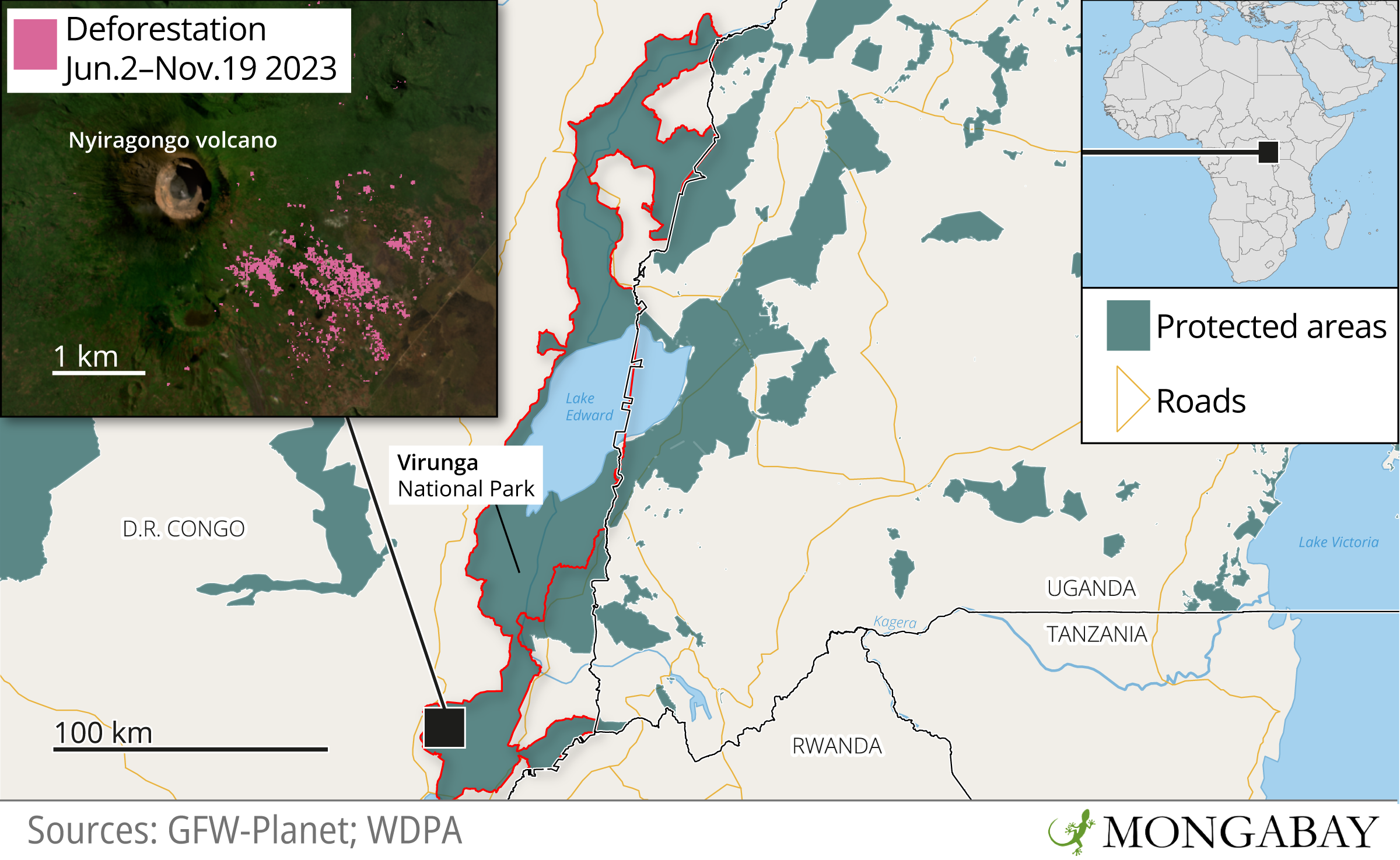 Une carte montrant le parc national des Virunga et la déforestation entre juin et novembre 2023. Image produite par Andrés Alegría/Mongabay.