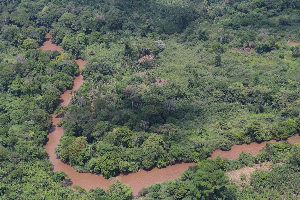 Vue aérienne de la forêt et d’une rivière dans le Nord-Kivu, en RD Congo. Image de MONUSCO/Myriam Asmani via Wikimédia Commons (CC BY-SA 2.0).