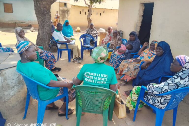 Échange de l'équipe de consultant national de l'outil IMET avec le groupement des femmes de la forêt d'Alibi 1. Image de Hector Sann’do Nammangue pour Mongabay.