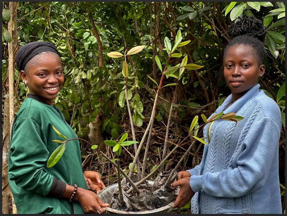 Anna Obi Akpe en vert, peu avant une plantation d'arbres en juillet 2024, à Esierebom, au Nigeria. Image de Clément Oko, avec son aimable autorisation.