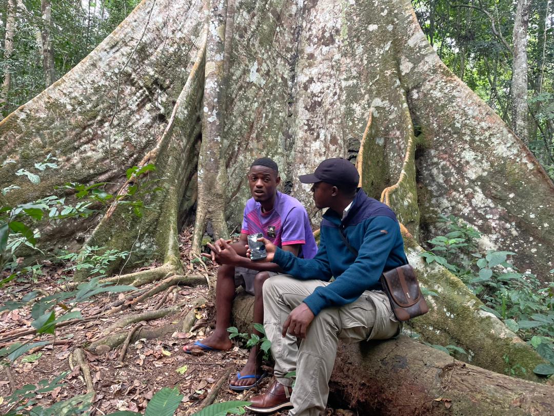 Vanel Nkono Owono, guide touristique et pêcheur interviewé au pied de cet arbre. Image de Leonel Balla pour Mongabay.