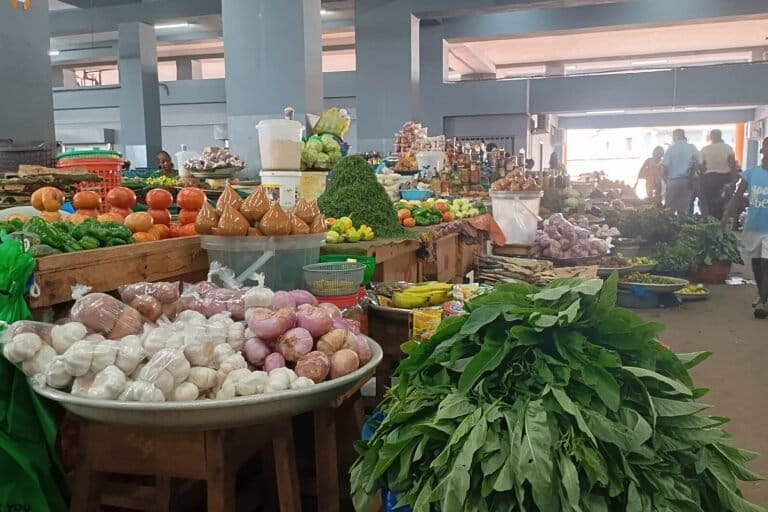 Des denrées alimentaires composées de fruits et légumes exposés dans un marché. Image de DiHM via Wikimédia Commons (CC BY-SA 4.0).