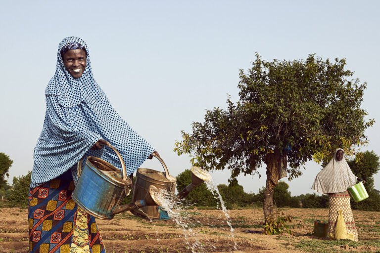 Des femmes de la coopérative CERNAFA créée en 2002, dans la région de Tillabéri au Niger, arrosent un champ de culture maraîchère. Image de World Bank Photo Collection via Flickr (CC BY-NC-ND 2.0).