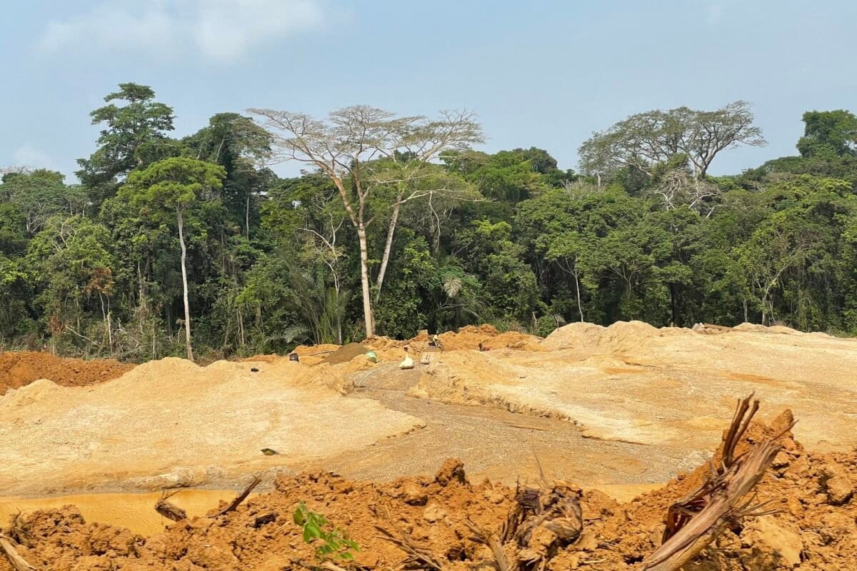 Les arbres et les cours d’eau ont disparu, remplacés par des flaques boueuses, comme celle qu’on aperçoit derrière lui. Image d’Elodie Toto pour Mongabay.