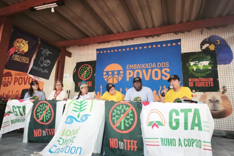 De gauche à droite : Janaina Uemura, militante pour le climat à la Global Forest Coalition ; Sila Mesquita, Grupo de Trabalho Amazónico ; une femme autochtone de Colombie ; Mary Louise Malig, directrice des politiques à la Global Forest Coalition ; Kwami Kpondzo, Directeur exécutif du Centre pour la Justice Environnementale au Togo ; Satrio Manggala, WALHI/Les Amis de la Terre Indonésie. Image fournie par Hector Sann’do Nammangue depuis Bélem.