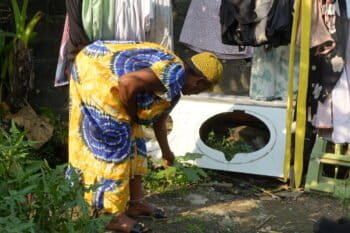 Marie Obone Obiang, tradipraticienne montrant une plante qui permet de soigner les fusils nocturnes, dans son jardin dans la banlieue de Libreville, la capitale du Gabon. Image de Betines avec son aimable autorisation.