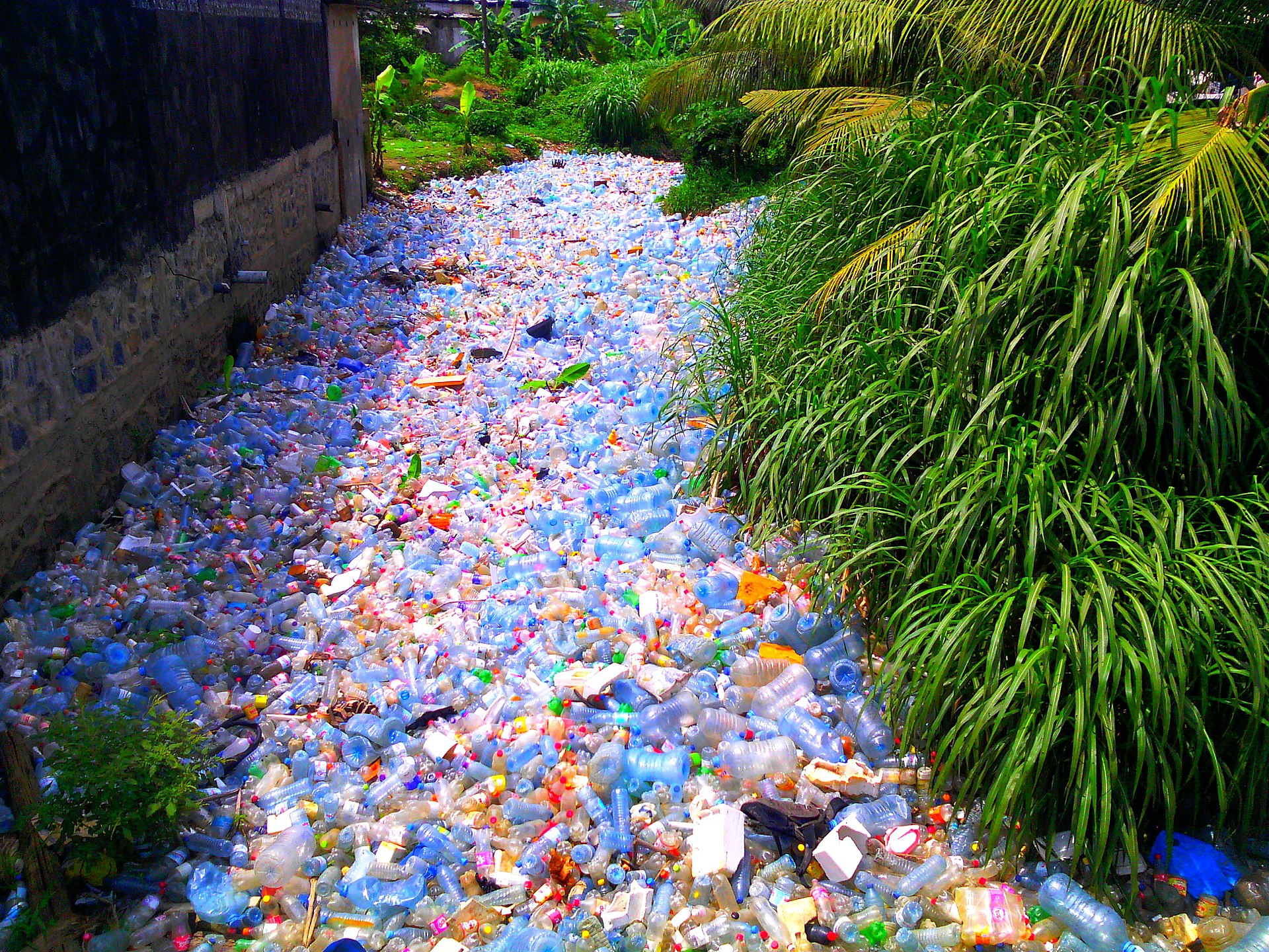 Un cours d'eau au quartier Madagascar à Douala avalée par la pollution plastique. Image Mouenthias via Wikimedia Commons (CC BY-NC-ND 2.0).
