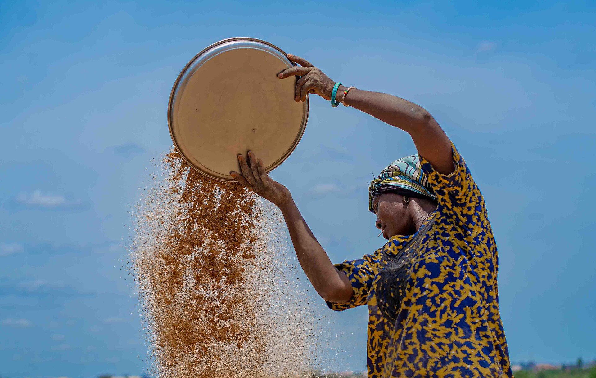Une femme en plein processus d’étuvage du riz brut pour y enlever les enveloppes et les pierres et le mettre propre pour la consommation ou la vente au marché. Image de Dokimazo99 via Wikimédia Commons (CC BY-SA 4.0). 