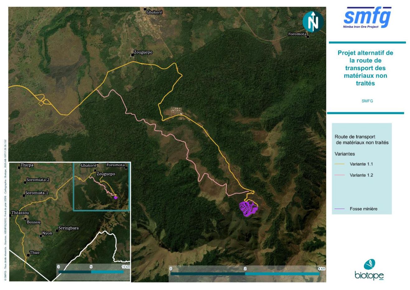 Carte indiquant deux tracés possibles depuis le gisement de minerai de Château jusqu’au site de traitement situé en contrebas. Source : Biotope/SMFG.