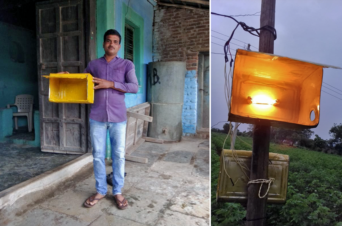 Light traps are used to attract and terminate pests, but their effectiveness hasn’t been beneficial for the farmers. Photo credit: Meena Menon Light traps are used to attract and terminate pests, but their effectiveness hasn’t been beneficial for the farmers. Photo credit: Meena Menon