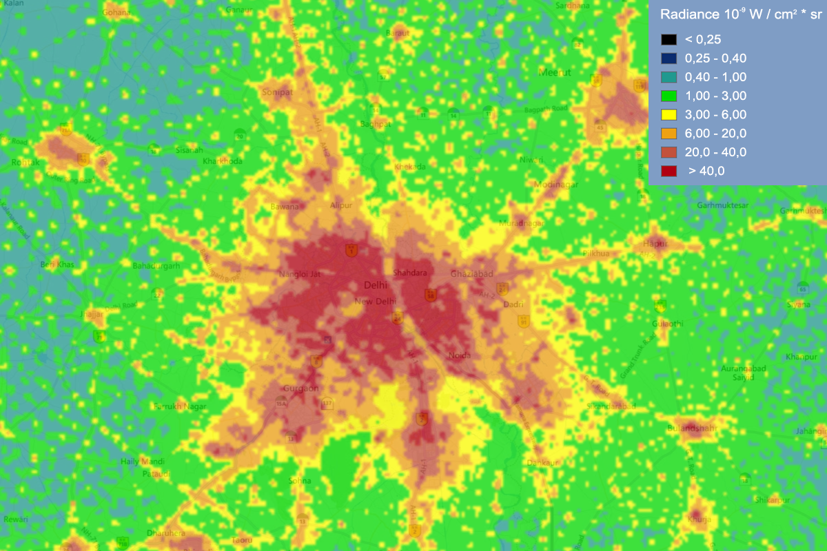 Light pollution map of Delhi and it’s adjacent areas. Map by Jurij Stare, www.lightpollutionmap.info. VIIRS/DMSP data credit: Earth Observation Group, NOAA National Geophysical Data Center. Light pollution map of Delhi and it’s adjacent areas. Map by Jurij Stare, www.lightpollutionmap.info. VIIRS/DMSP data credit: Earth Observation Group, NOAA National Geophysical Data Center.