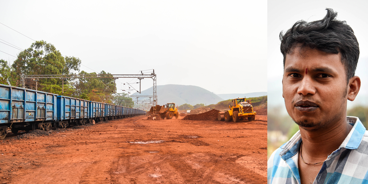 Trucks dump minerals at Kakiriguma Railway station to be transported to Vedanta’s refinery at Lanjigarh. (R) Tukuna Bisoi, an environment activist. Credit: Tanmoy Bhaduri/MongaBay Trucks dump minerals at Kakiriguma Railway station to be transported to Vedanta’s refinery at Lanjigarh. (R) Tukuna Bisoi, an environment activist. Credit: Tanmoy Bhaduri/MongaBay