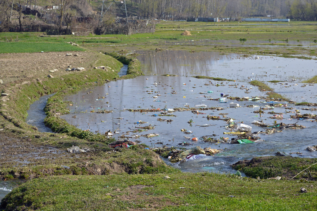 Plastic waste from markets accumulates in water bodies and agricultural lands. Photo by Athar Parvaiz.