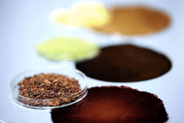 These powders, derived from fruit and vegetable waste, are the raw materials for bioplastics fabricated by the researchers at IIT Genoa’s Smart Materials lab part of the team composed by Giovanni Perotto, Ilker Bayer and Athanassia Athanassiou. Credit: Mongabay