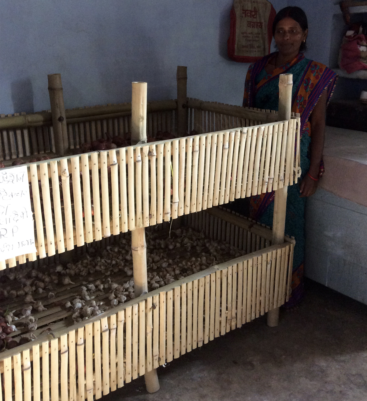 Bamboo structures used to store potatoes have increased their shelf life and reduced wastage. Photo by Deepanwita Gita Niyogi.