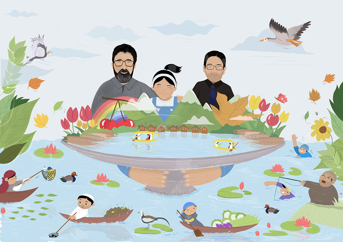 Tariq A. Patloo, Jannat and Nadeem Qadri from Kashmir are trying to protect the state’s wetlands and inspire others to join the movement. Illustration by Ghazal Qadri for Mongabay.