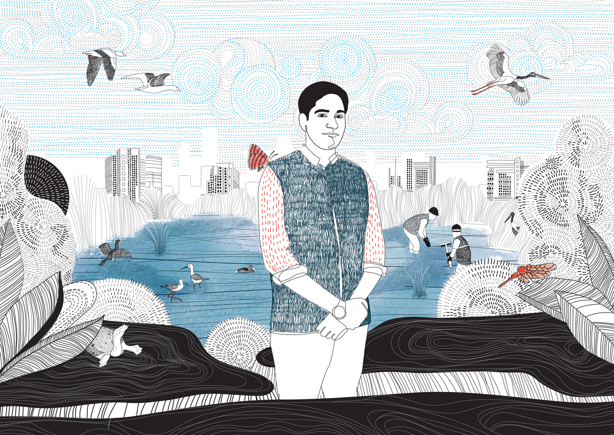 Ramveer Tanwar, a former engineer, has revived around 20 ponds and lakes in Noida and Greater Noida region. Illustration by Swati Kharbanda for Mongabay.