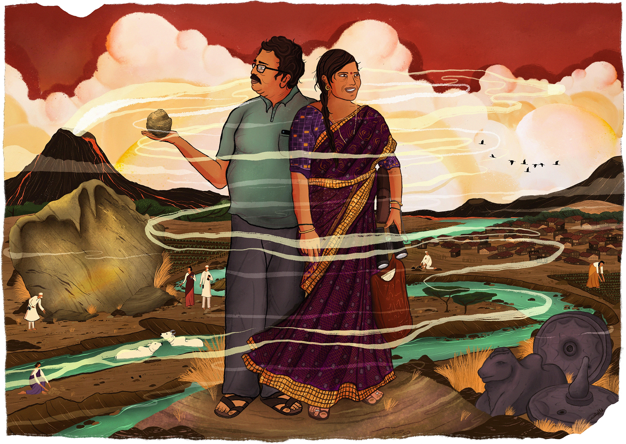 Wetland Champions: Pushpa and Amol Korde from Bori Budruk are leading efforts to preserve a unique geomorphological feature on the Kukadi river bed. Illustration by Svabhu Kohli for Mongabay.