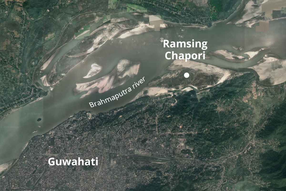 Ramsing Chapori is one of the numerous river islands on Assam's Brahmaputra river. Map from Google Earth.