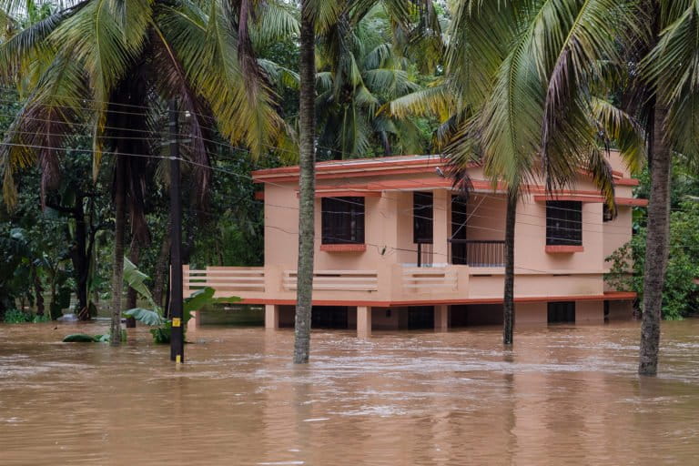 A home that flooded in Kerala in 2018. Photo by Dilshad Roshan/Wikimedia Commons.