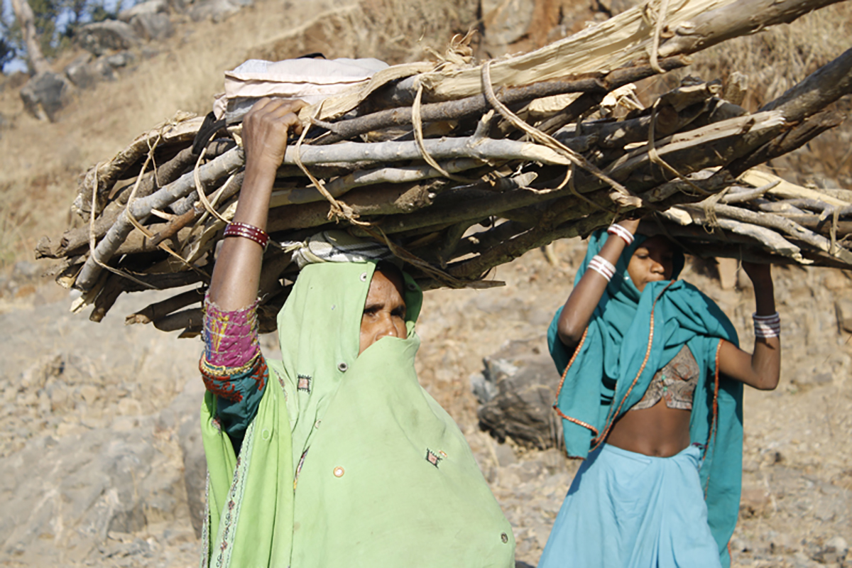 A group of women from a mountain village in Rajasthan carrying firewood on their heads. They walk for an hour each way in sandals to cut the wood. Photo by Karan Singh Rathore/Flickr