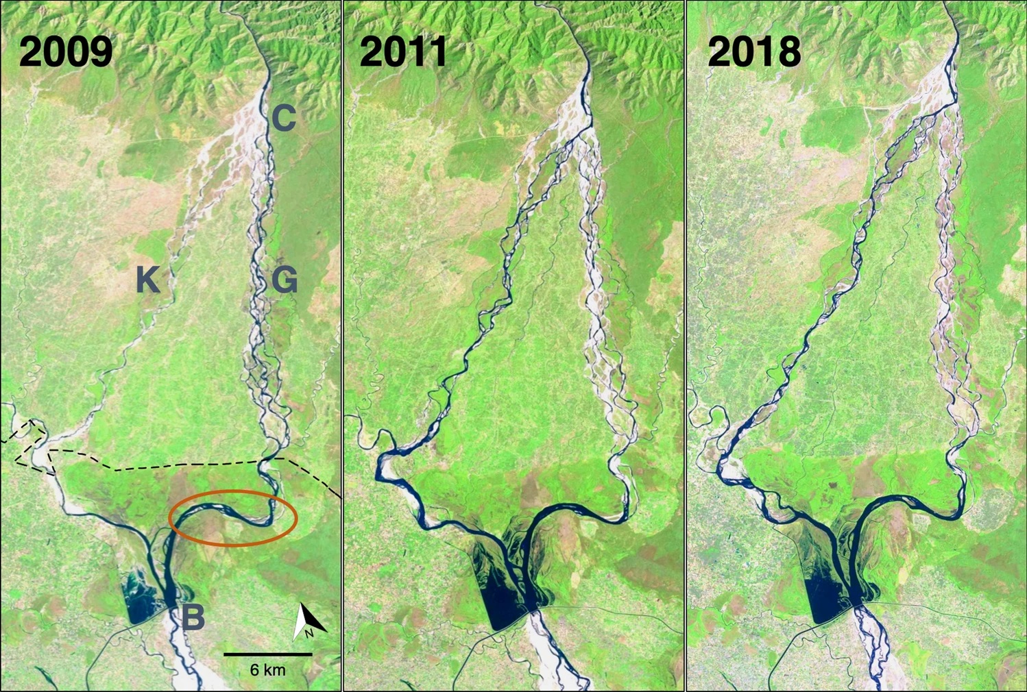 Satellite images before (2009; left panel) and after (2011 and 2018; middle and right panels) a flood event in 2010 in Karnali river channels, Nepal. The flood resulted in a mainstream channel shift from east (right side, = G, Geruwa channel in Nepal) to west (left side, = K, Karnali channel in Nepal). Map from Vashistha et al. 2021.