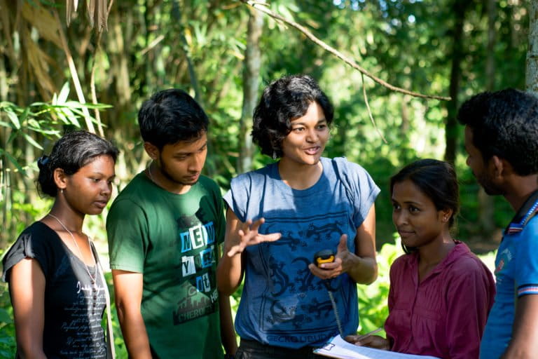 Divya Vasudev, a co-author on the paper, training the team on data collection protocols prior to the initiation of the surveys in the Kaziranga landscape. Photo by Varun Goswami.