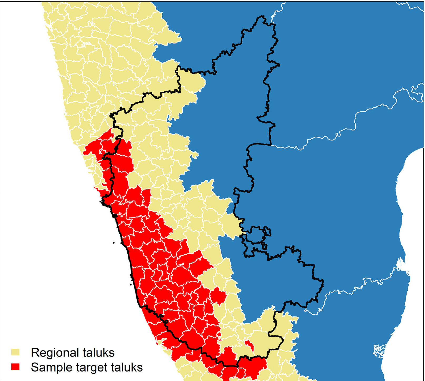 Taluks identified as priority targets (red) for implementing animal-human surveillance in Karnataka state. Once the taluks are selected, One Health surveillance infrastructure can be developed by working in concert with the forest department, animal husbandry and veterinary services and with primary healthcare centres. Map by Walsh et. al.