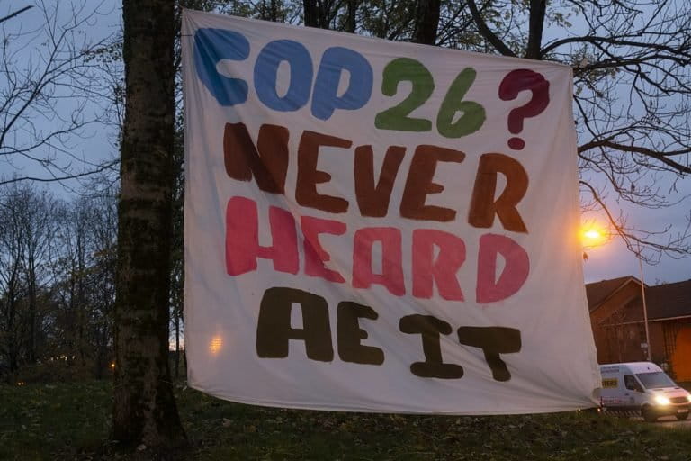 Climate misinformation at COP26 aimed to undermine and delay progress on climate action, say analysts. <a href="https://commons.wikimedia.org/wiki/File:Cop26,_glasgow_(51654476408).jpg" target="_blank" rel="noopener">Photo</a> by Francis Mckee/Wikimedia Commons.