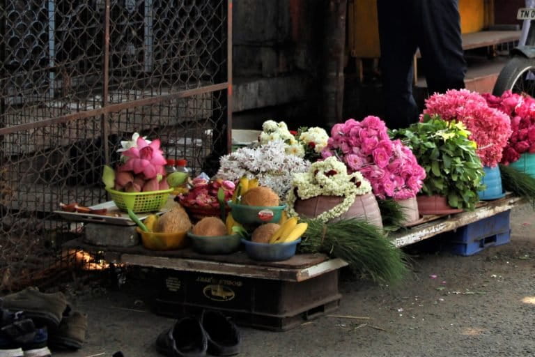 Panneer rose is used in making garlands and are sold outside temple complexes. Photo by Priyanka Shankar.