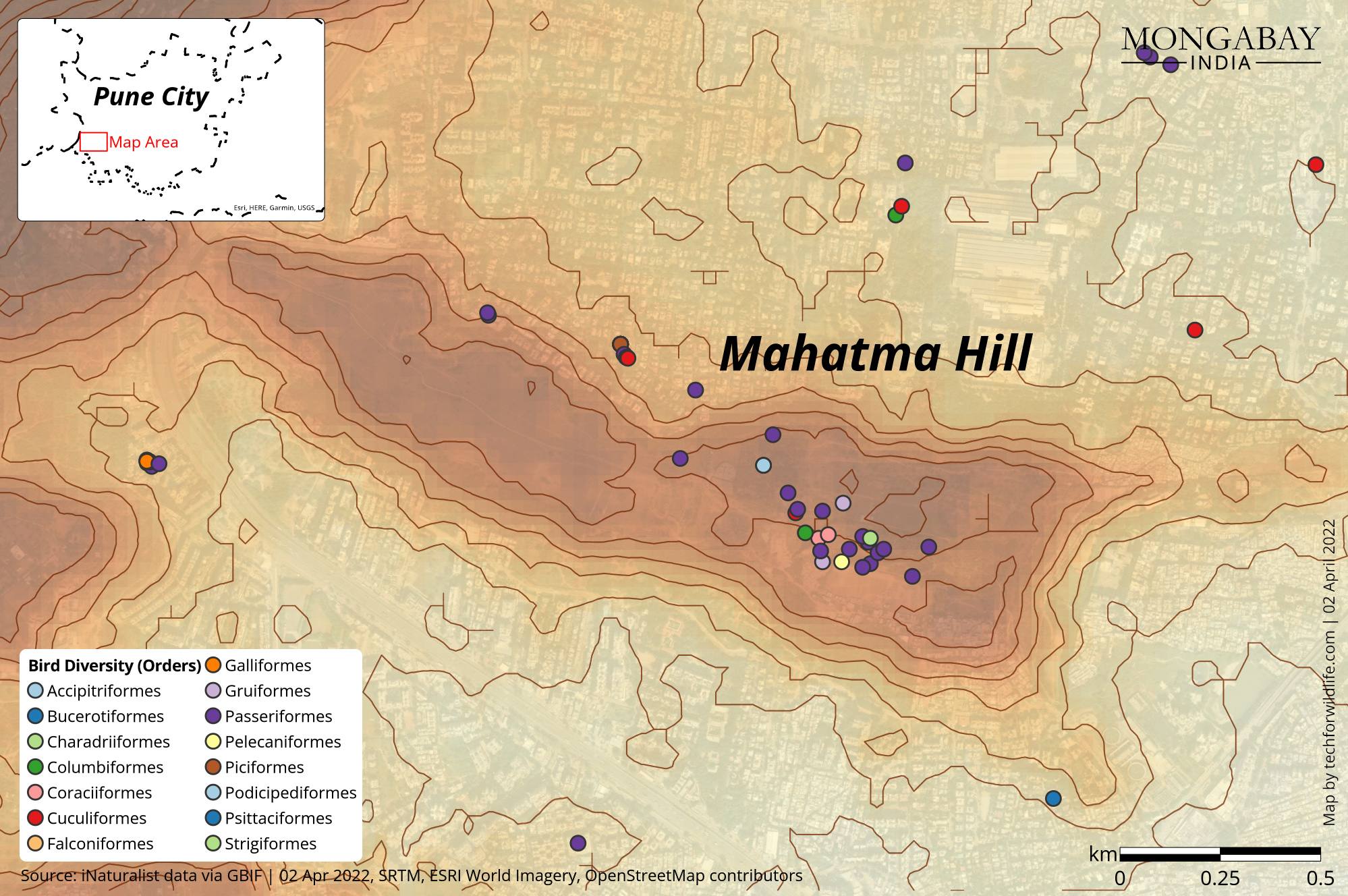 Citizen science data recorded at Mahatma Hill, Pune, on April 2, 2022. Map by Technology for Wildlife.