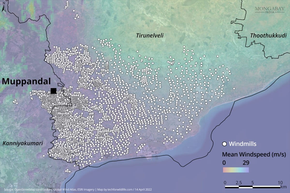 Windmills in Tirunelveli district and near Muppandal in Kanniyakumar district in southern Tamil Nadu. Map by Technology for Wildlife.