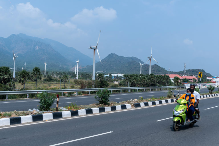 Wind turbines in Aralvaimozhi in Tamil Nadu's Kanyakumari district. India aims to set up 140 gigawatts (GW) of wind energy by 2030. As of September 2023, India has achieved an installed capacity of 43 GW of wind energy, all of it onshore, of its 2030 target of 140 GW. Photo by Narayana Swamy Subbaraman/Mongabay.