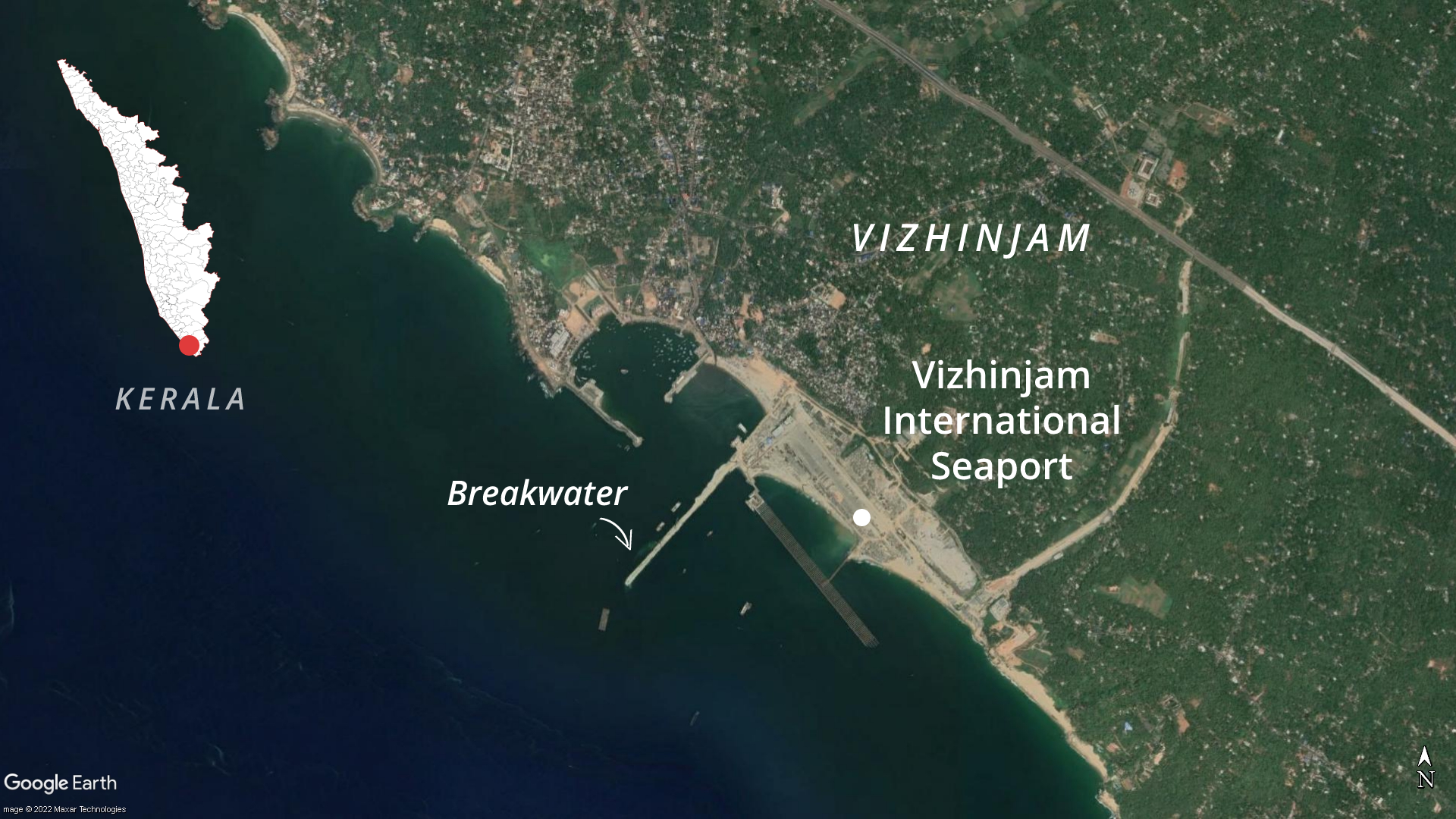 The site of Vizhinjam International Seaport in south Kerala. Basemap from Google Earth.