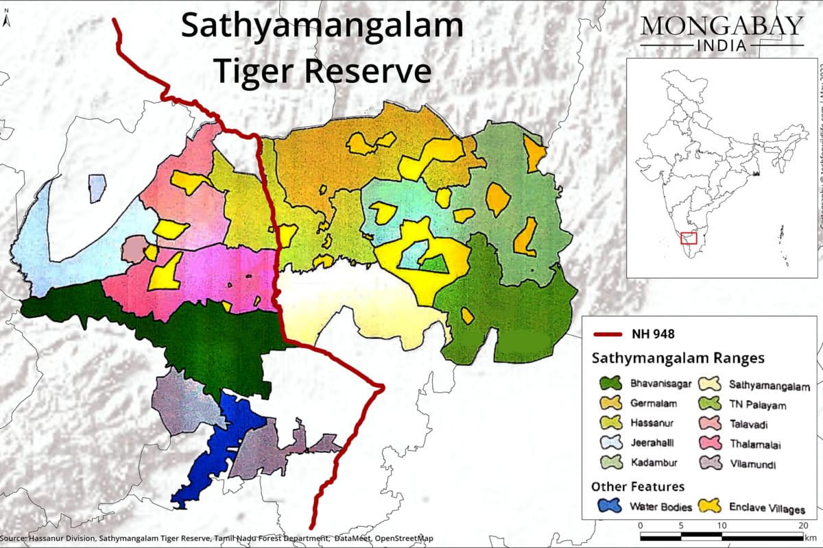 Divisions in Satyhamangalam Tiger Reserve and the enclave villages surrounded by forests in the core and buffer areas. Map by Technology for Wildlife.