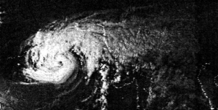 Image shows a black and white image of cyclone Bhola