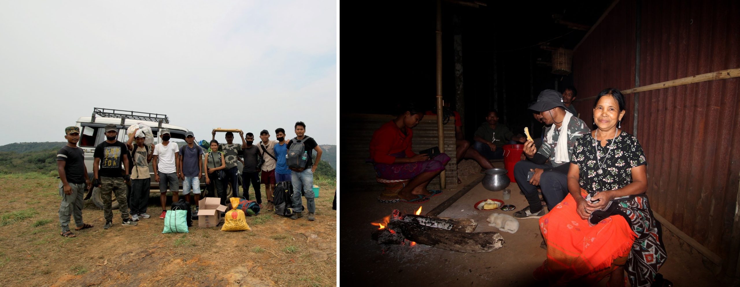 Local community members from the village assisted the team in getting supplies to the campsite (left), and hosted us in their home (right). Photo Bidyut Sarania. 