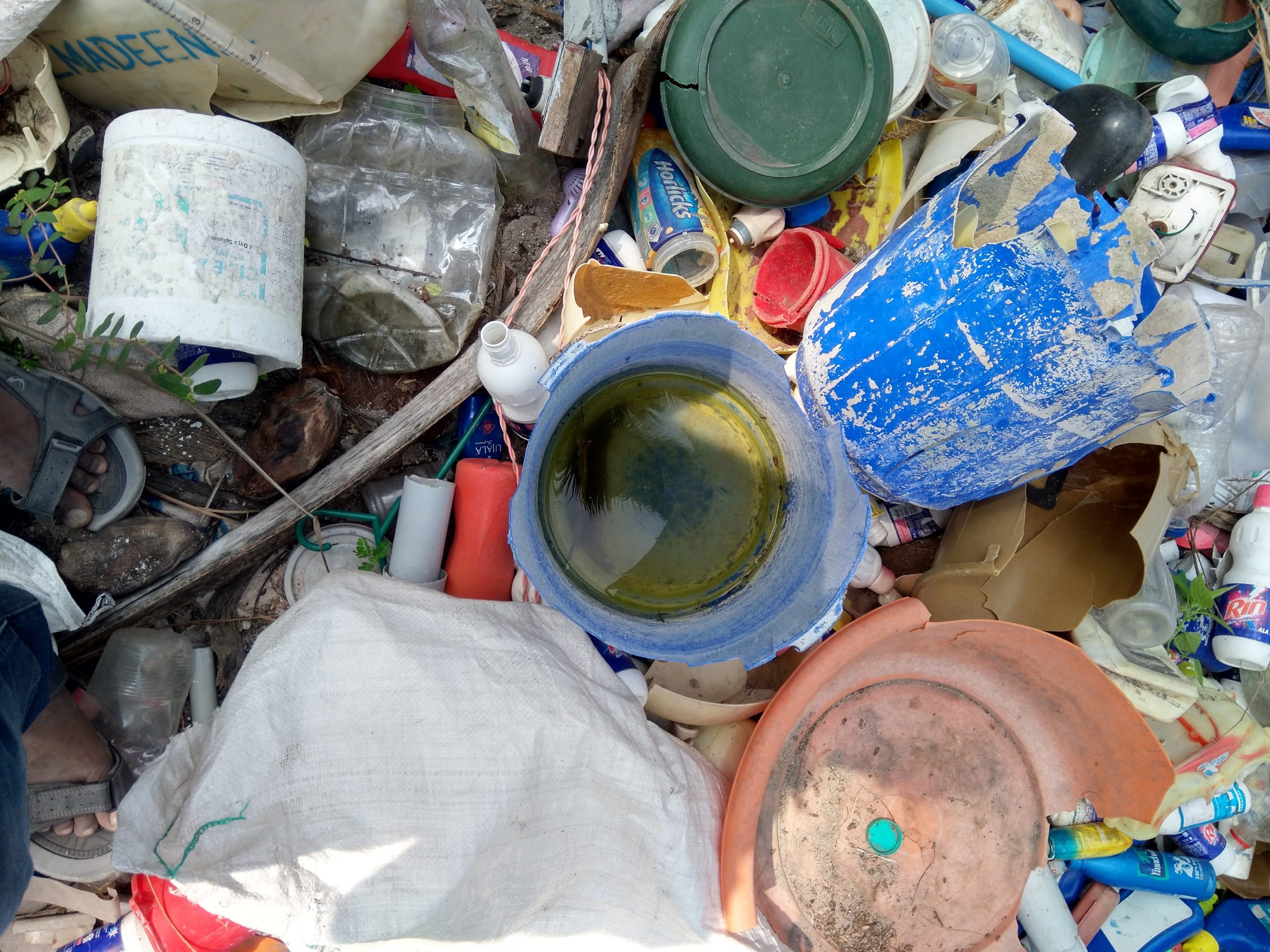 Image shows plasic containers in a trash heap