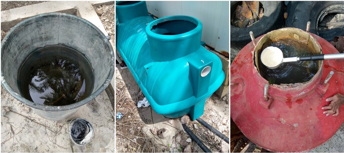 Image shows three discarded plastic containers filled with water