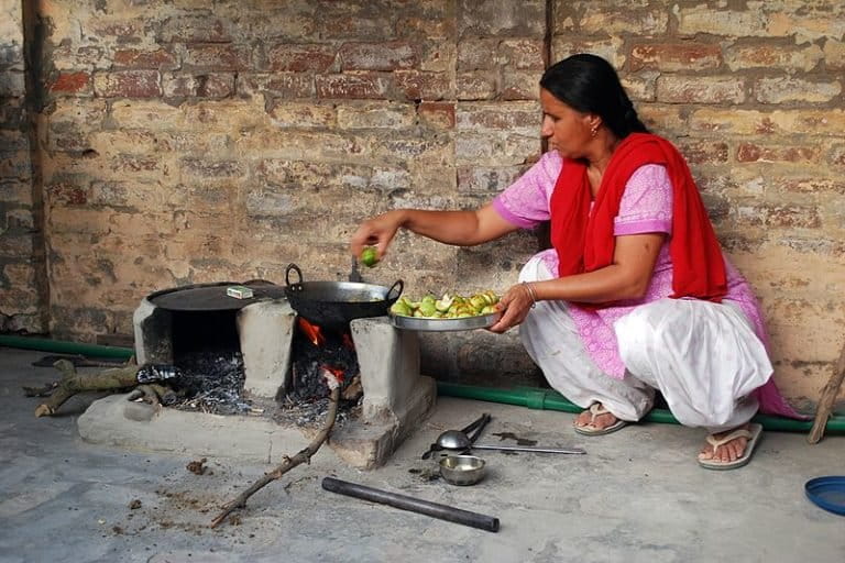 Image shows a woman cooking on a fuelwood stove in Punjab, India