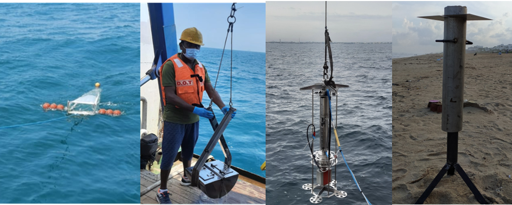 Images show a floating probe in water, a man handling the probe, the probe being lowered into water and floating in open sea