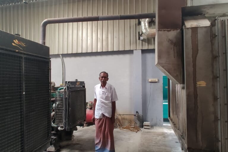 R Krishnan with the biogas powered machines at his factory at Salem, Tamil Nadu. Photo by Laasya Shekhar/Mongabay.