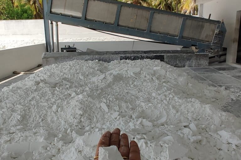 A creamy powder, starch, formed from crushed tapioca after sedementing the mixture in a tank. 80% of India’s sago and starch production happens in Tamil Nadu. Photo by Laasya Shekhar/Mongabay.